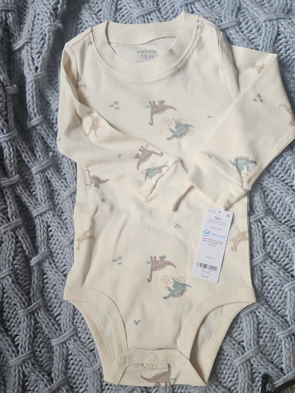 Carter's Cream Long-Sleeve Dinosaur Print One-Piece Bodysuit